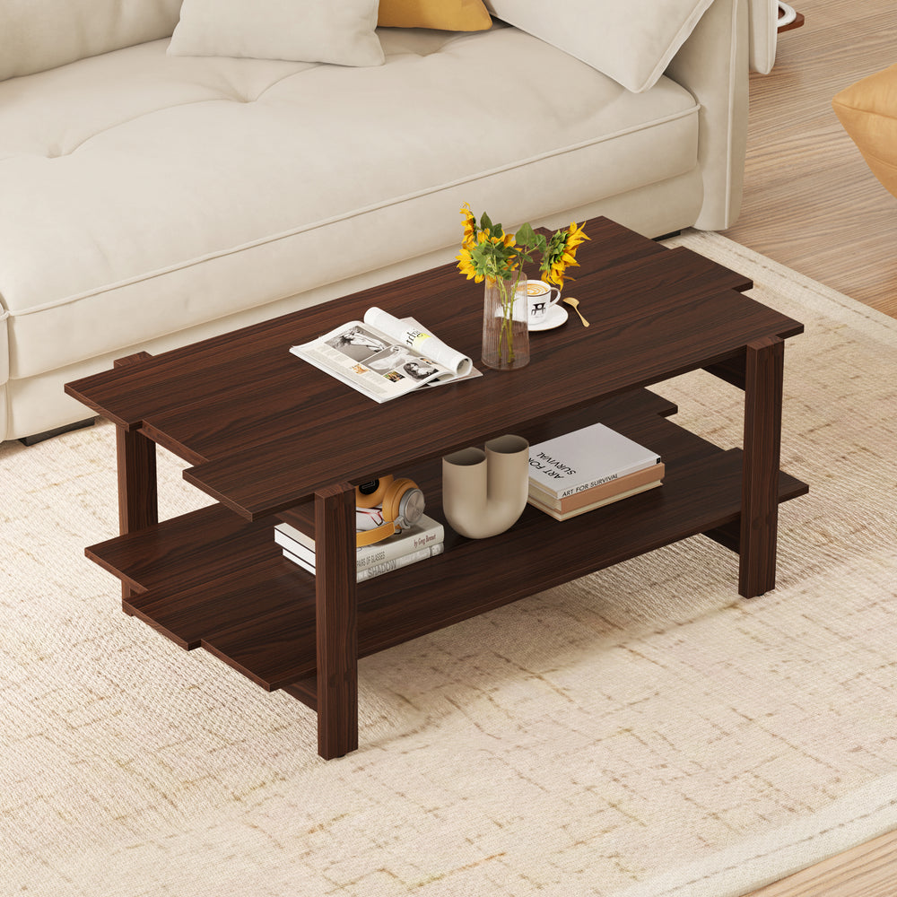 2-Tier Coffee Table Slatted Wood Center Table with Storage Shelf-Walnut - Gallery View 1 of 10