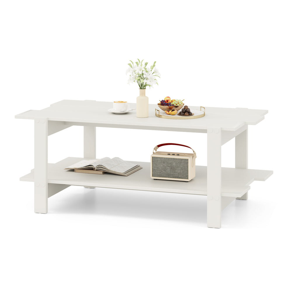 White 2-tier coffee table with slatted surface and storage shelf, perfect for home or office decor.