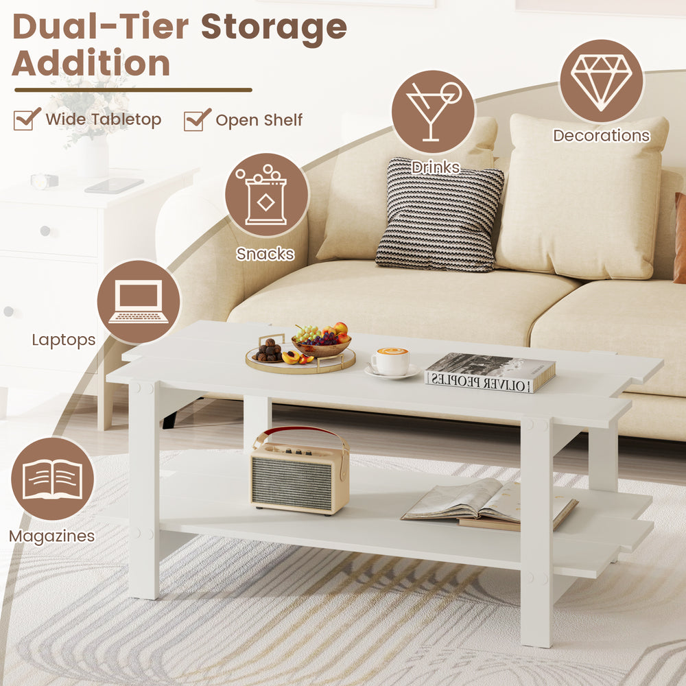 White 2-tier coffee table with slatted surface and open shelf, perfect for snacks and drinks in living rooms.