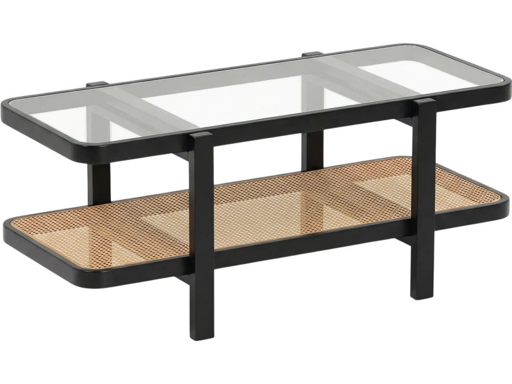 2-tier coffee table with tempered glass top and acacia wood frame, featuring a storage shelf for organized essentials.