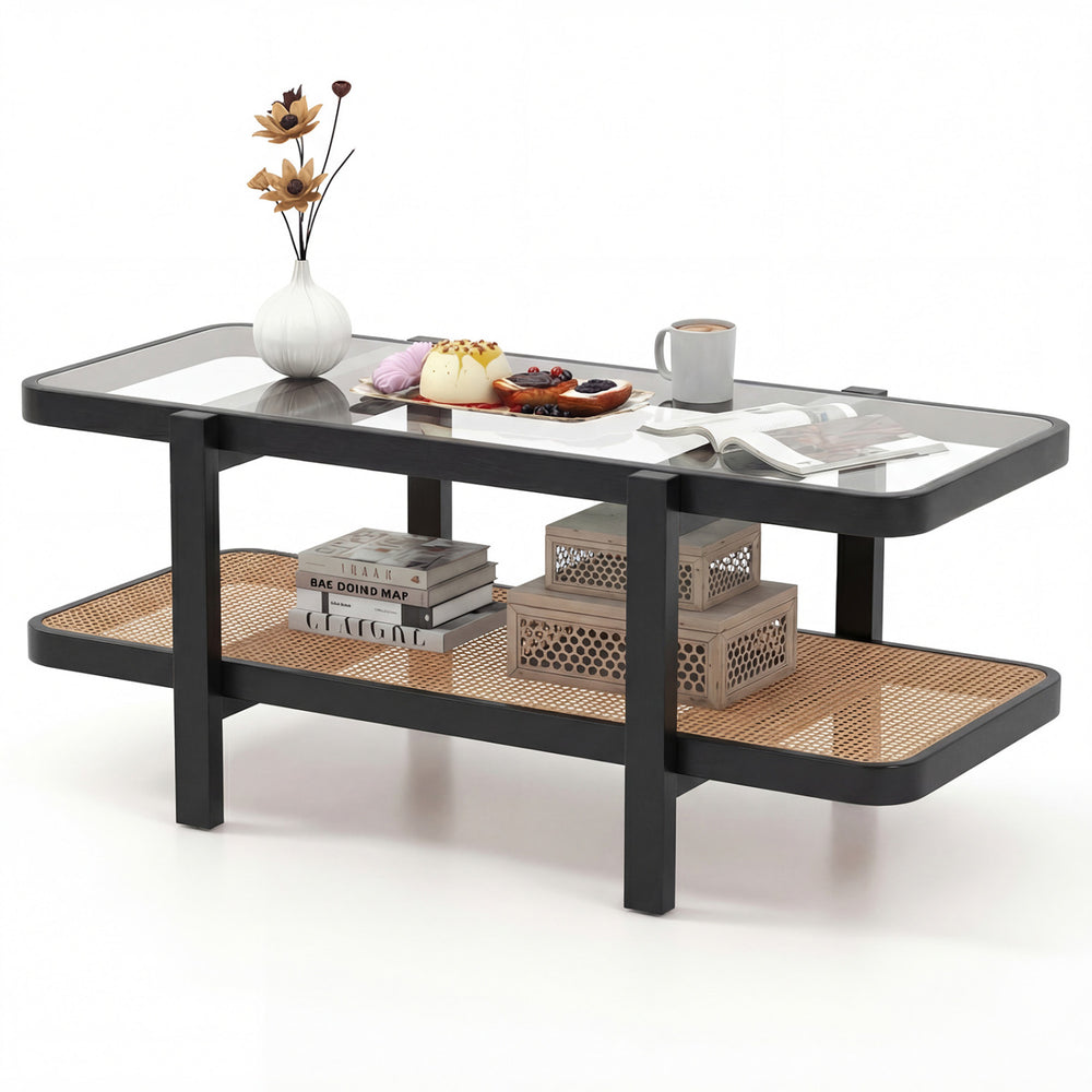2-tier coffee table with tempered glass top and acacia wood frame, featuring PE rattan storage for stylish organization.