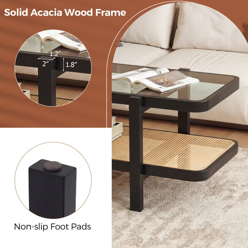 2-tier coffee table with solid acacia wood frame, tempered glass top, and non-slip foot pads for versatile storage.