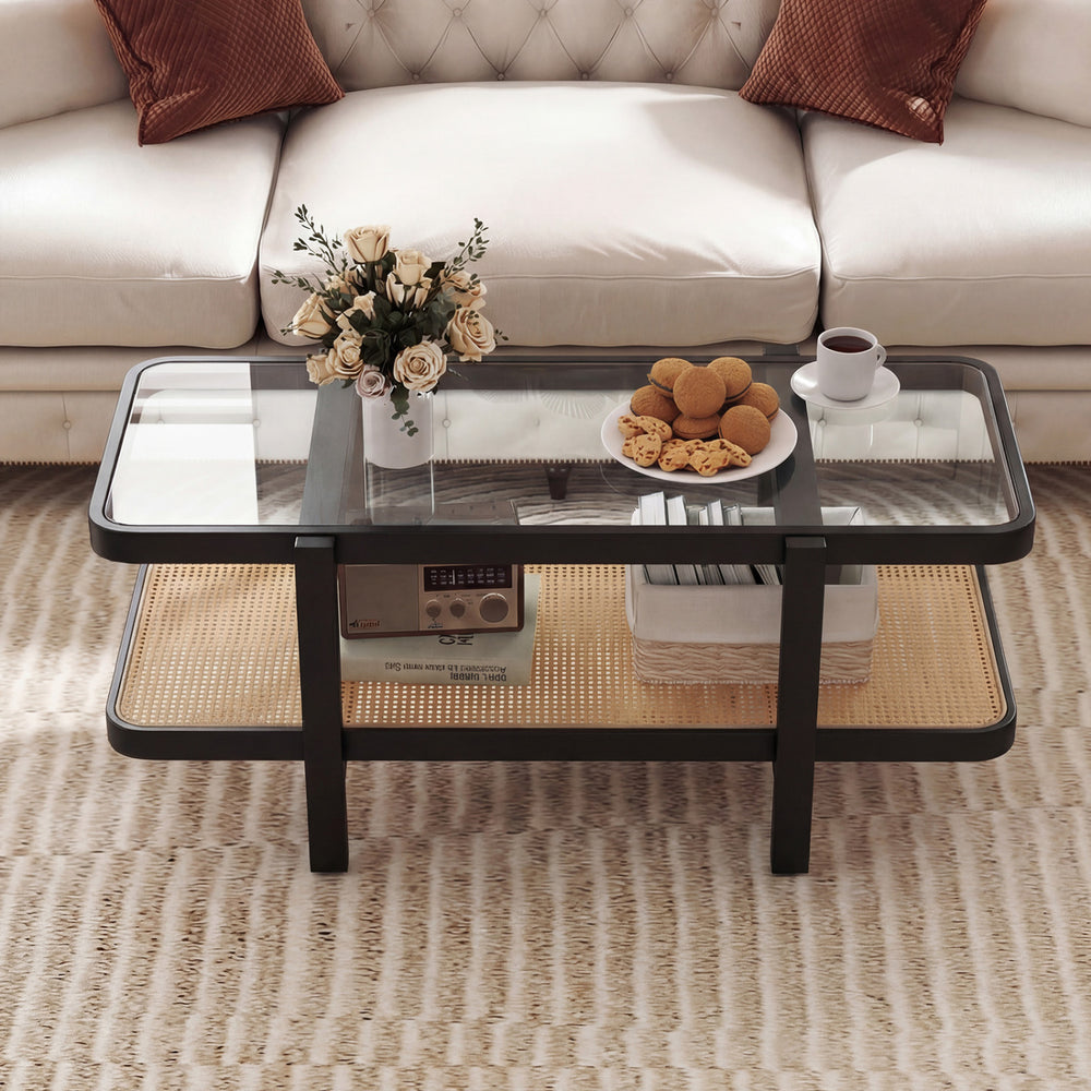 2-Tier Coffee Table with Storage and Tempered Glass Tabletop-Black - Gallery View 1 of 10
