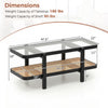 2-tier coffee table with tempered glass tabletop and PE rattan shelf, featuring a sturdy black acacia wood frame for.