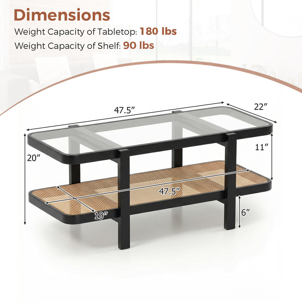 2-tier coffee table with tempered glass tabletop and PE rattan shelf, featuring a sturdy black acacia wood frame for.