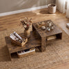 Modern irregular 2-tier coffee table in brown with open storage shelf, perfect for organizing magazines and decor.
