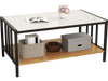 Stylish 2-tier coffee table with a white sintered stone top and metal frame, perfect for organized living room storage.