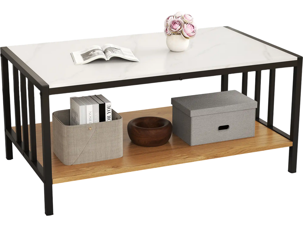 Stylish 2-tier coffee table with a white sintered stone top and metal frame, perfect for organized living room storage.