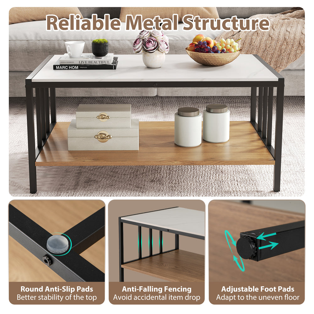 Two-tier coffee table with sintered stone tabletop, featuring a faux marble texture and reliable metal structure for.