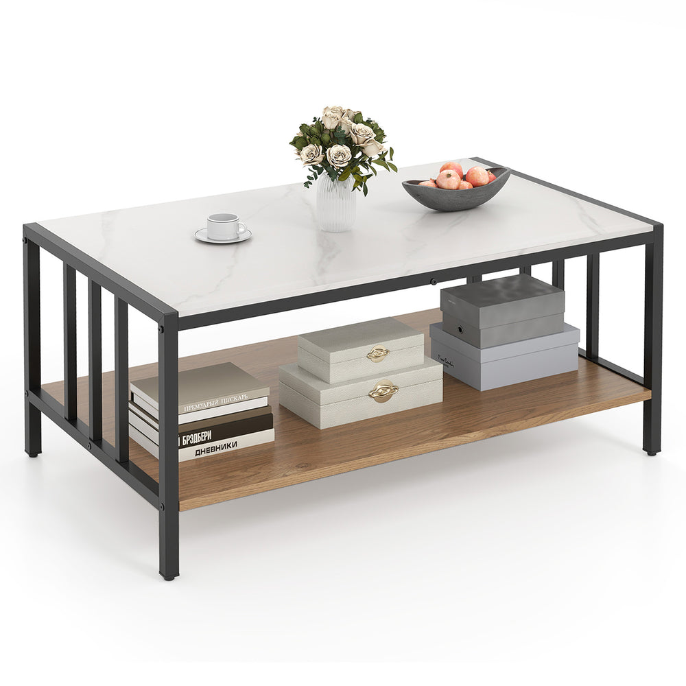 2 Tier coffee table with sintered stone tabletop, faux marble finish, and metal structure for living room organization.
