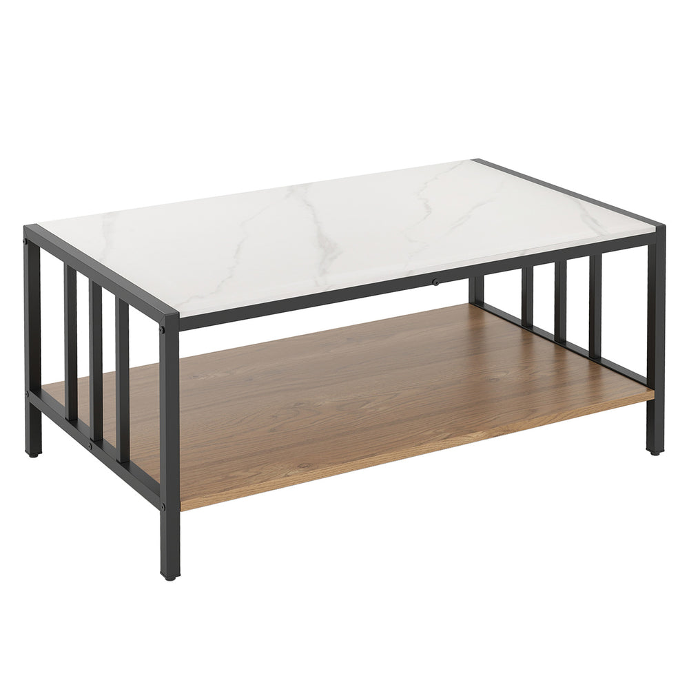 2 Tier coffee table with sintered stone tabletop in white and wood finish, featuring dual-layer storage for organized.