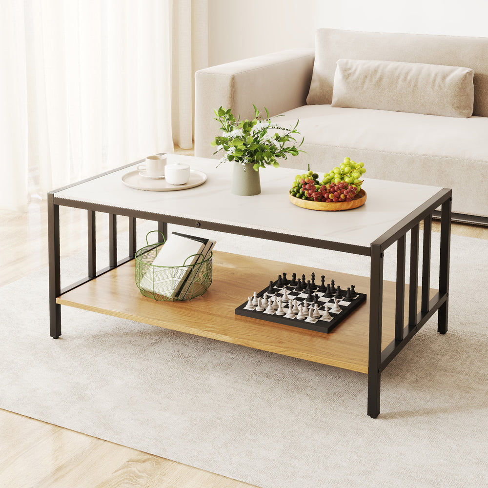 2 Tier coffee table with a white sintered stone tabletop, featuring a faux marble texture and dual-layer storage design.