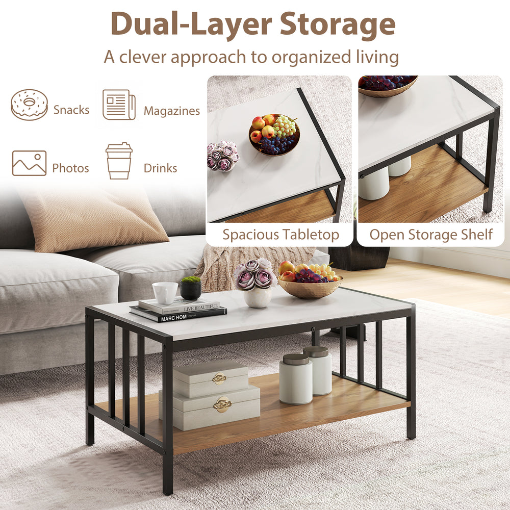 2 Tier coffee table with sintered stone tabletop in white, featuring dual-layer storage and a stylish faux marble.