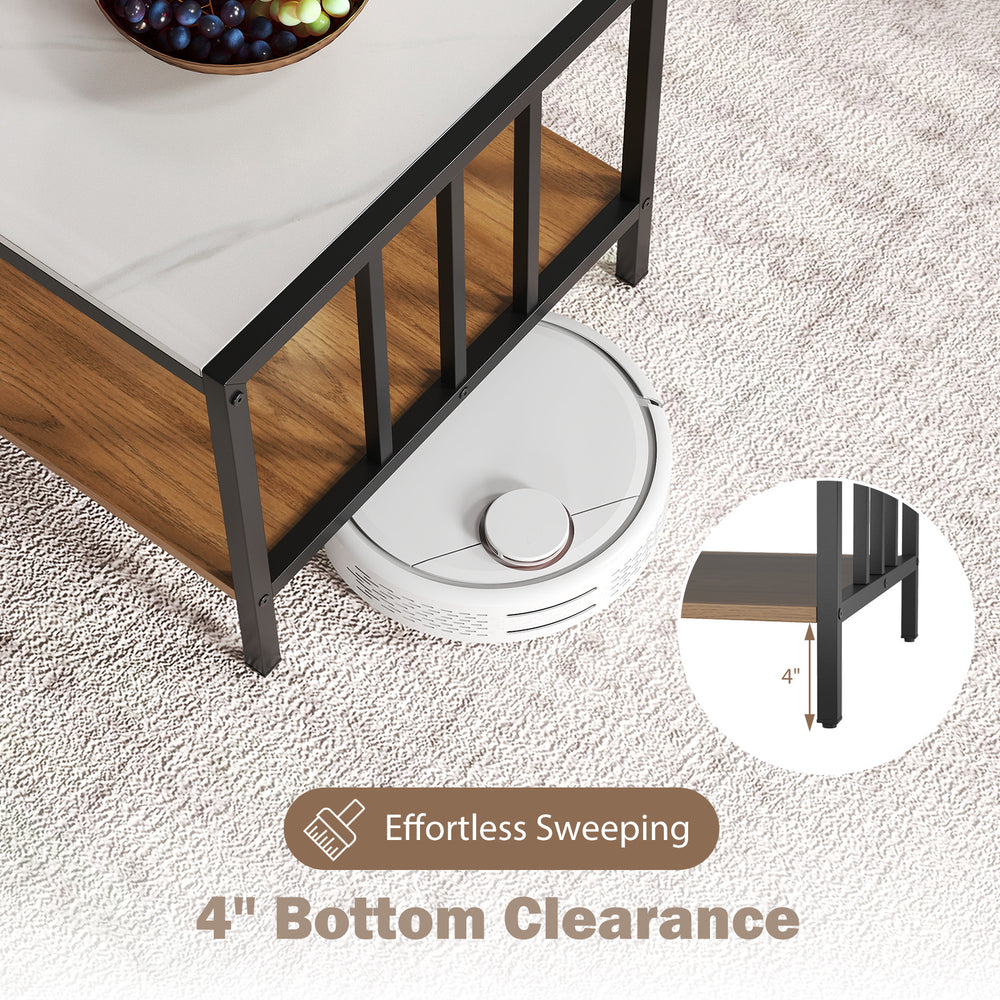 2 Tier coffee table with sintered stone tabletop and 4" bottom clearance for effortless sweeping in living room.