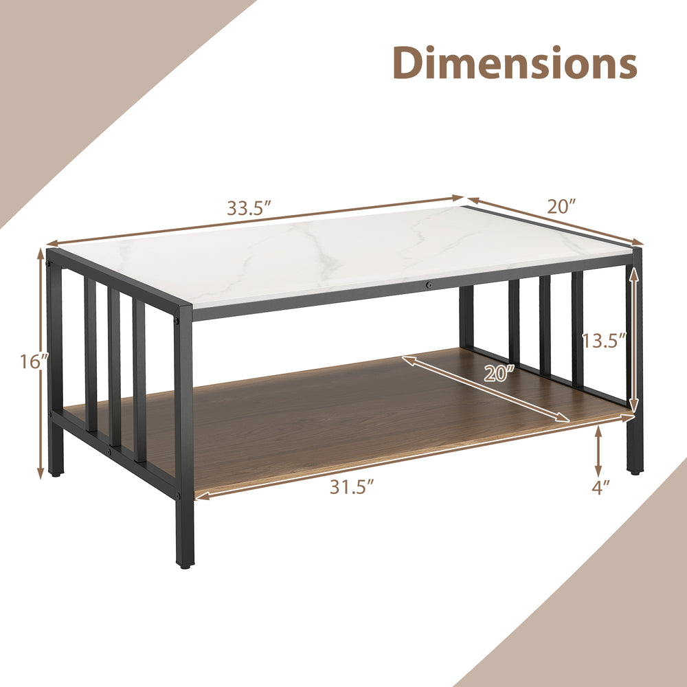 Dimensions of the 2 Tier Coffee Table with Sintered Stone Tabletop-White, featuring a faux marble top and metal.