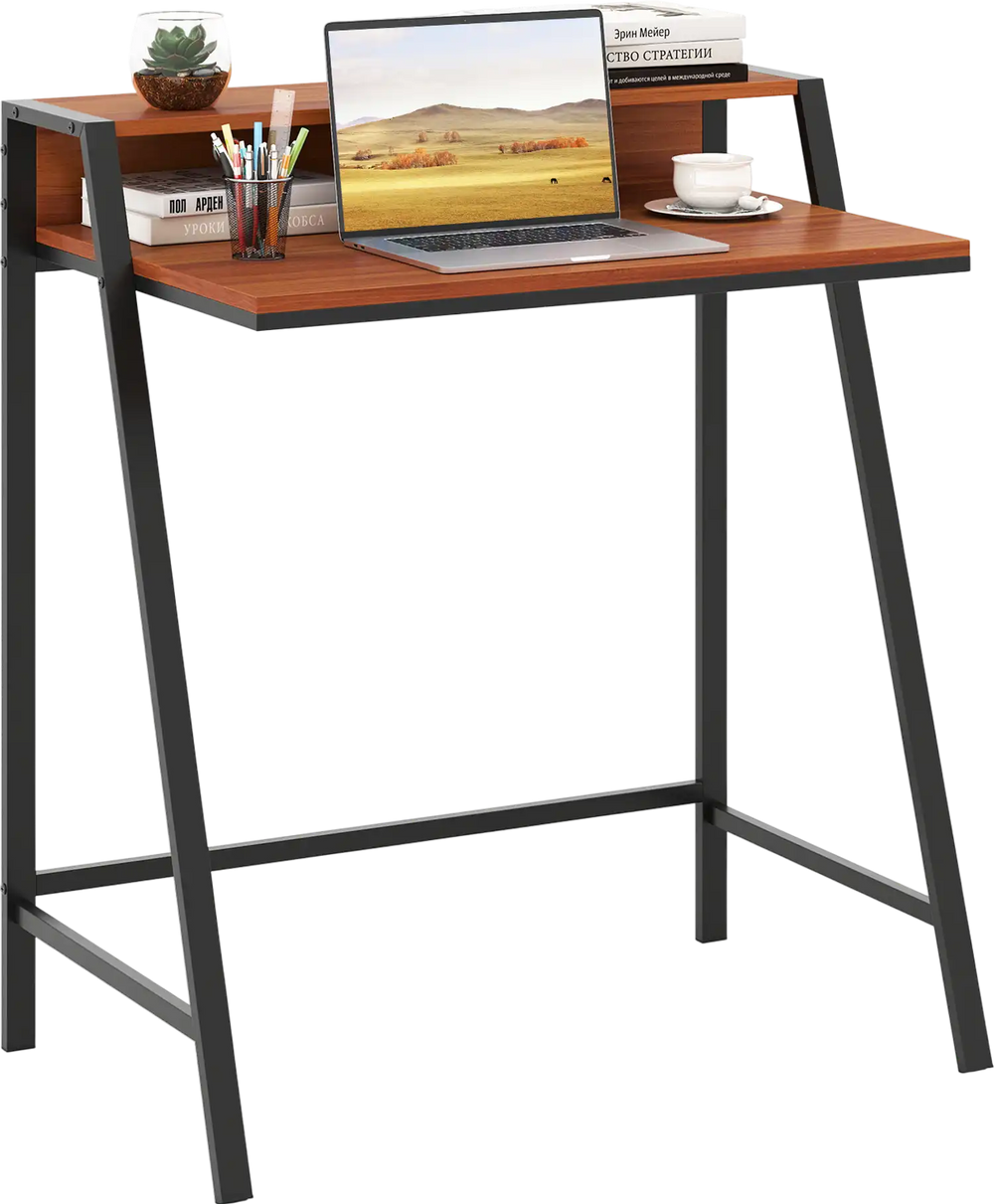 Walnut computer desk with ergonomic monitor stand and powder-coated iron frame, ideal for home office or study use.