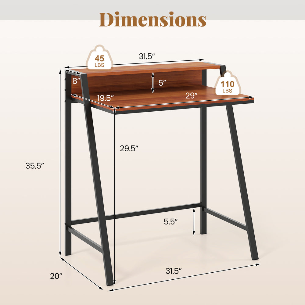 2 Tier computer desk in walnut finish with ergonomic monitor stand, measuring 31.5" x 29" x 35.5", suitable for home.