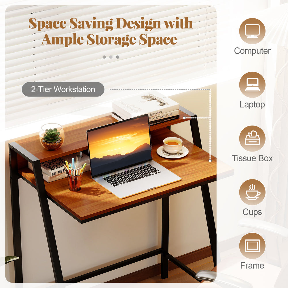 2-tier walnut computer desk with ergonomic monitor stand, spacious workspace, and durable powder-coated iron frame.
