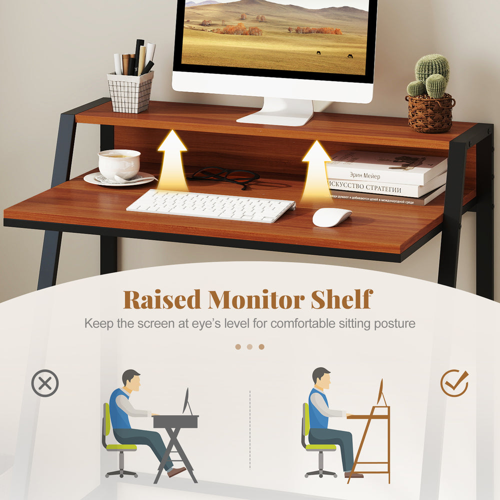 2-tier walnut computer desk with ergonomic monitor shelf for comfortable posture, ideal for home office or study.