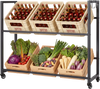 2-tier drink crate rack with 4 wheels, holding crates and vegetables, ideal for kitchen and bar organization.