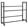 2-tier black drink crate rack with 4 wheels, storing up to 6 crates, ideal for kitchens and bars.