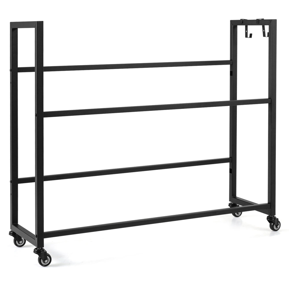 2-tier black drink crate rack with 4 wheels, storing up to 6 crates, ideal for kitchens and bars.