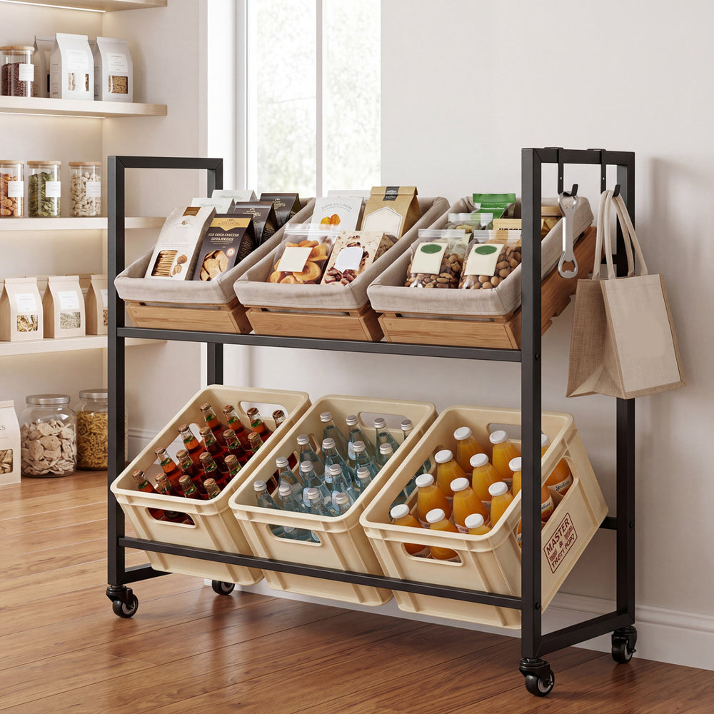 2-tier drink crate rack in black with 4 wheels, designed for easy sorting and display of beverages in the kitchen or.