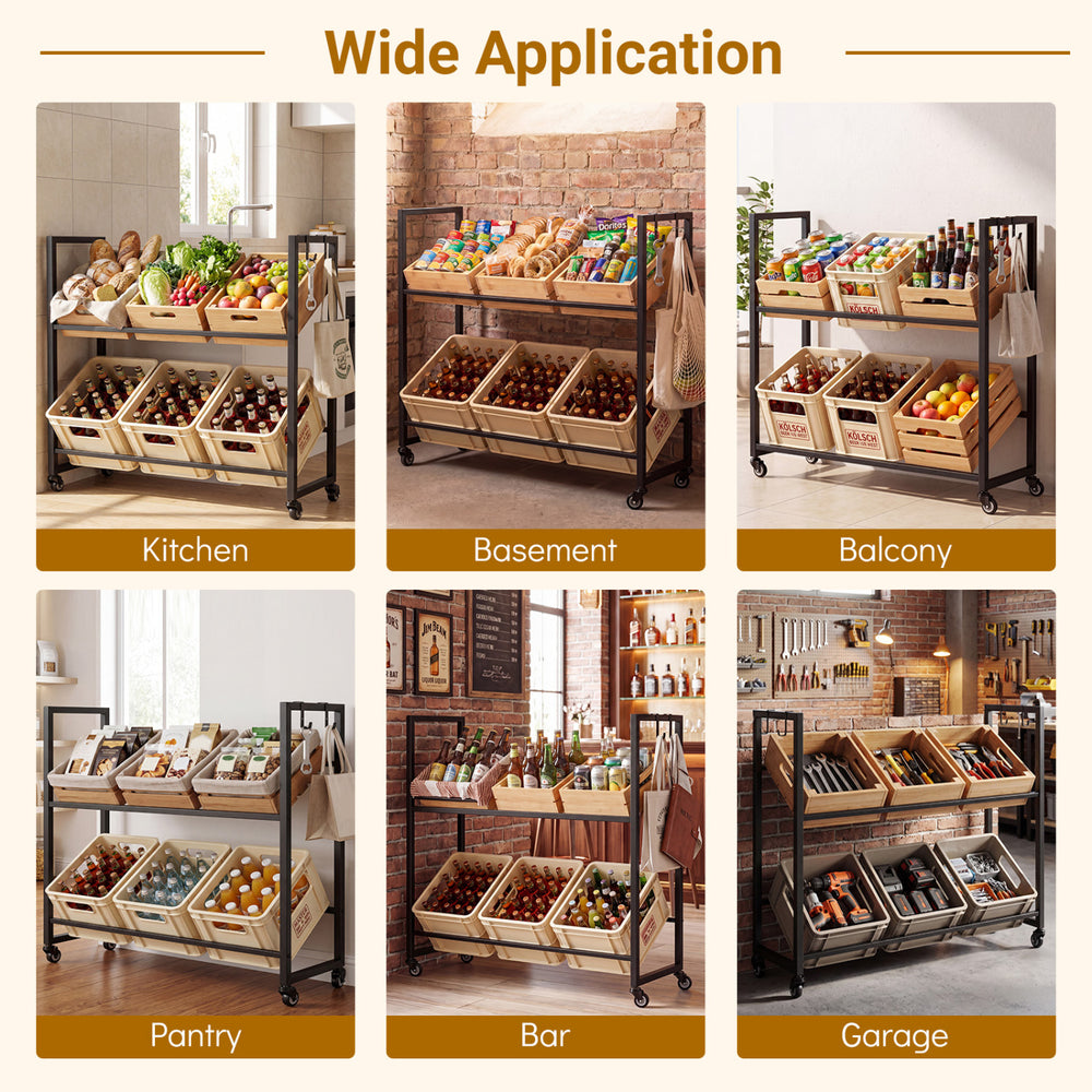 2-tier drink crate rack in black with 4 wheels, designed for beer and water storage in kitchen or bar settings.