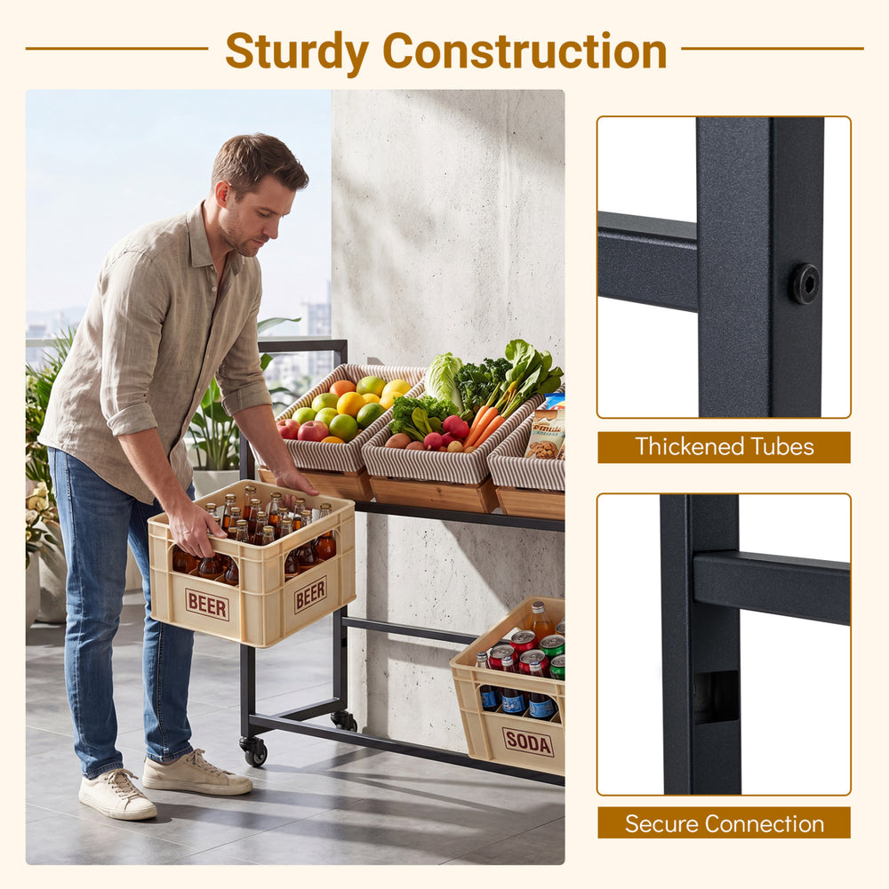 2-tier drink crate rack in black with 4 wheels, designed for easy storage and access to beer and water crates.