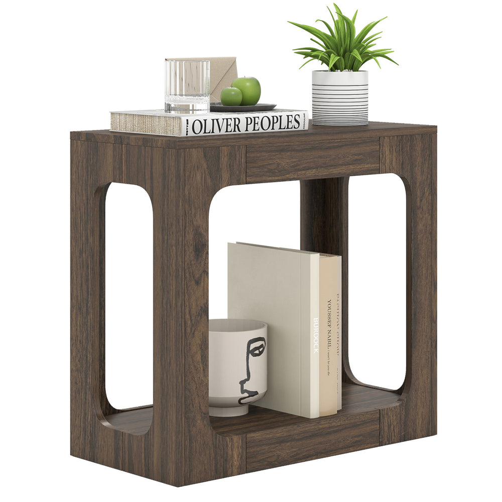 2-tier walnut end table featuring a rustic wood grain, open bottom shelf, and farmhouse design for living room storage.