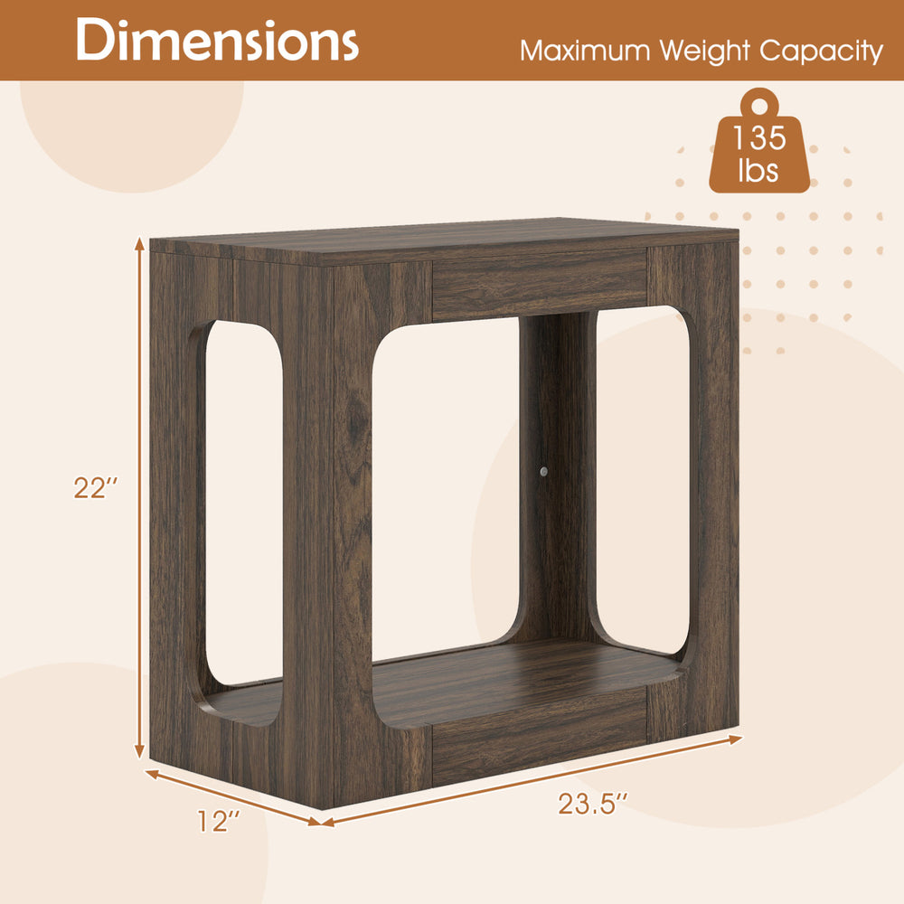 2-tier walnut end table with storage shelf, featuring a rustic wood grain design and space-saving dimensions for living.