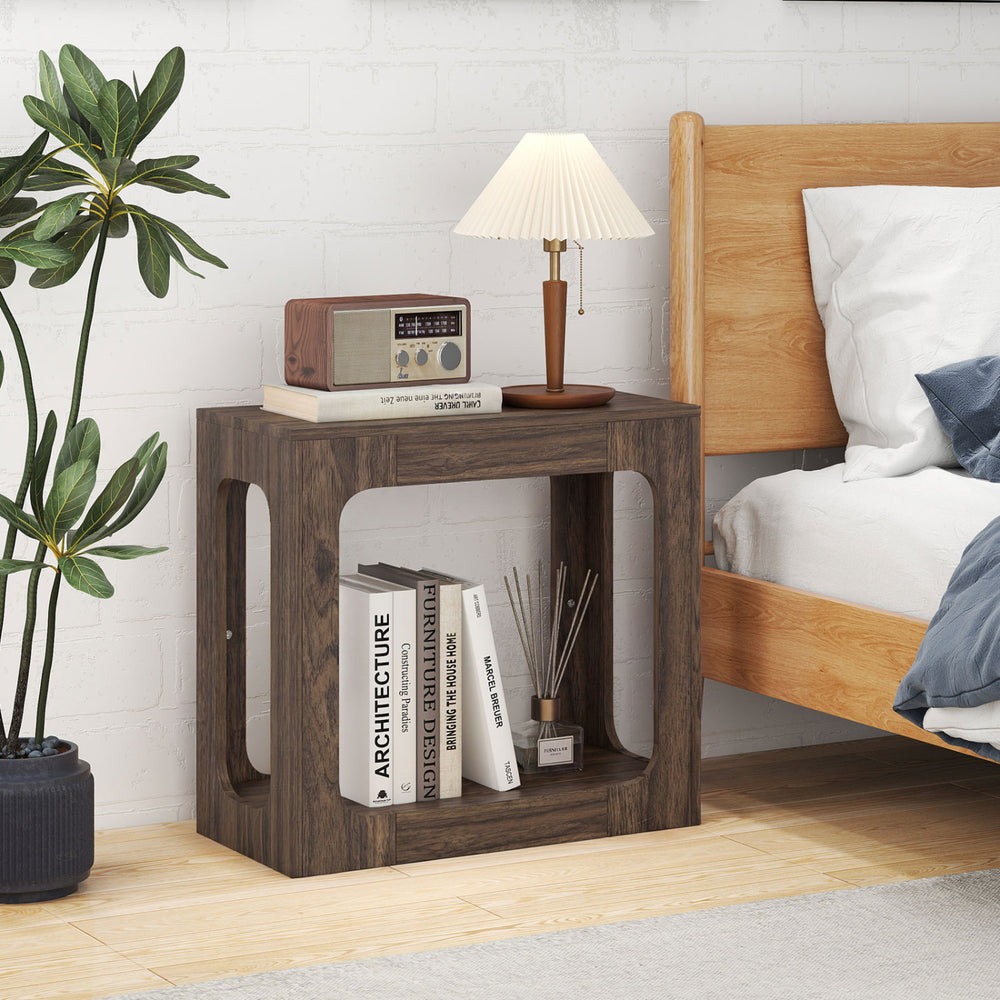 Walnut 2-tier end table with rustic wood grain, open bottom shelf, and farmhouse design for living room storage.