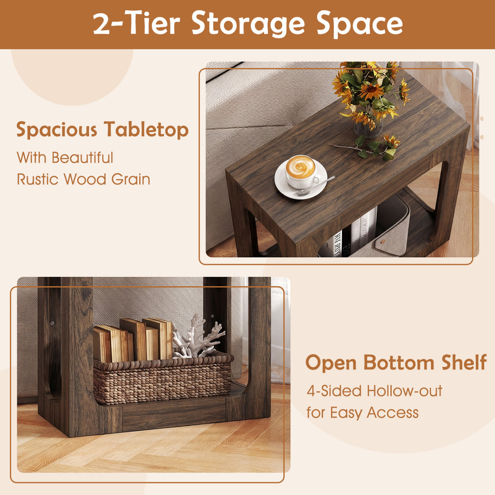 2-tier end table with walnut finish, featuring a spacious tabletop and open bottom shelf for easy access in living room.