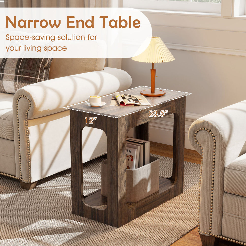 Narrow end table with rustic wood grain, 2-tier storage, and open bottom shelf for space-saving living room use.