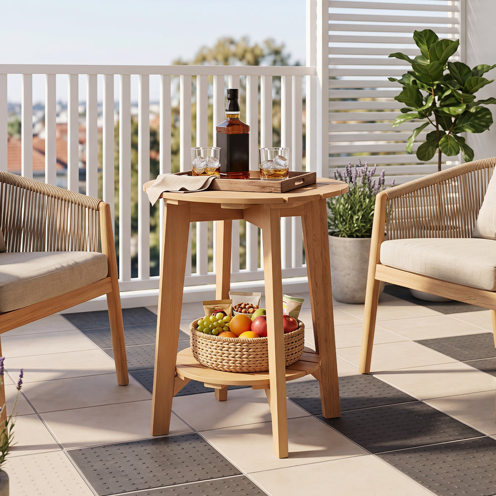 Natural eucalyptus wood side table with slatted tabletop and storage shelf, perfect for outdoor patio use.