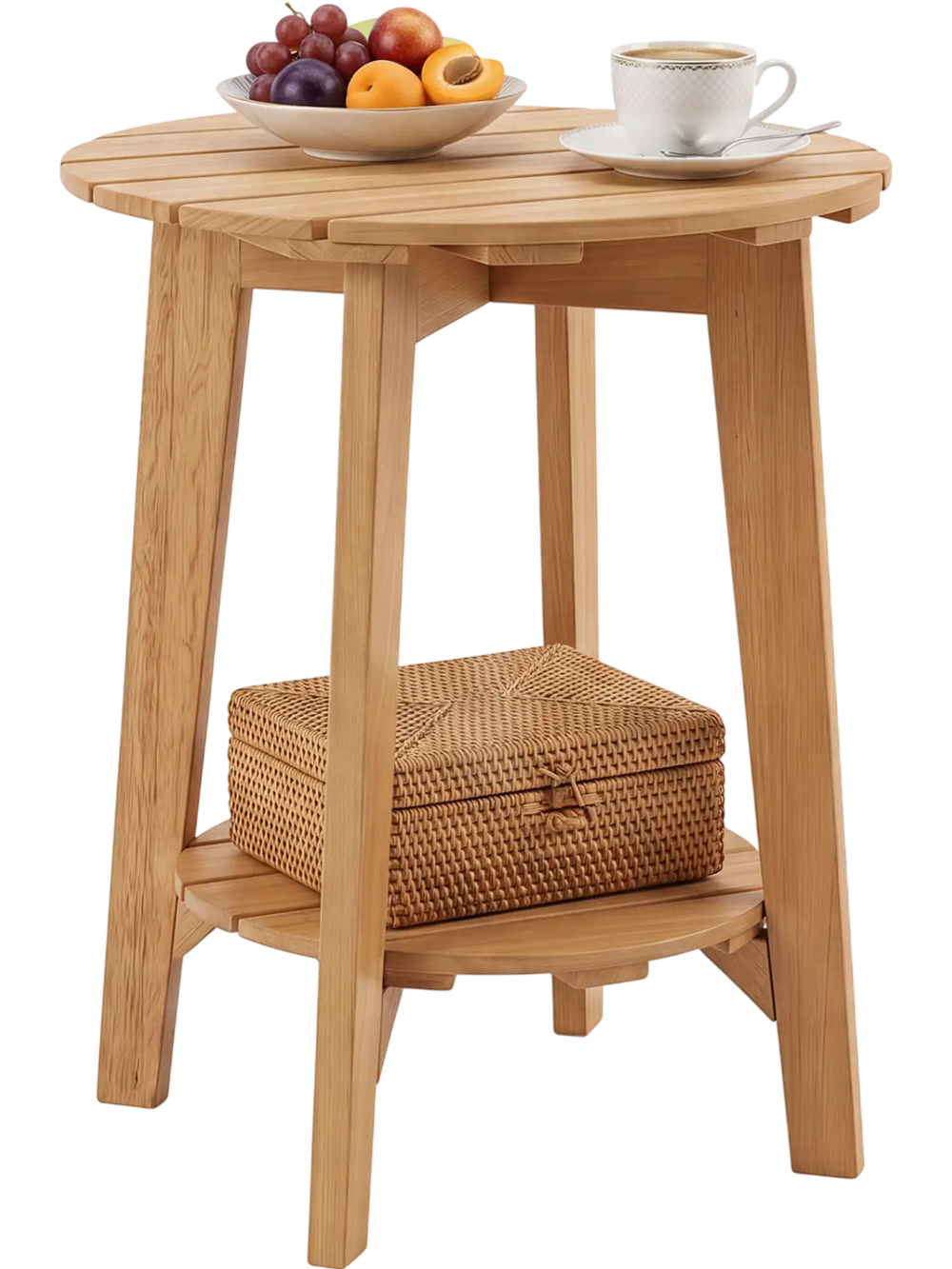 Natural eucalyptus wood side table showcases a round slatted design and a lower storage shelf, ideal for versatile use.