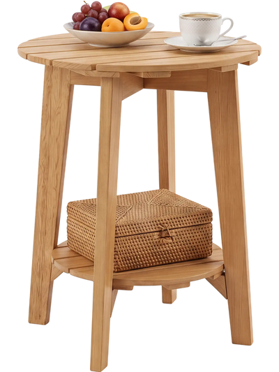 Costway 2-Tier Outdoor Eucalyptus Wood Side Coffee Table w/ Storage Shelf 47212382 New