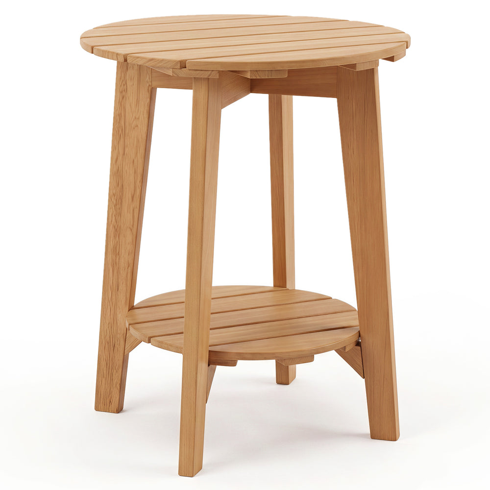Eucalyptus wood side table features sturdy support legs and a slatted design, ideal for enhancing any outdoor or indoor space.