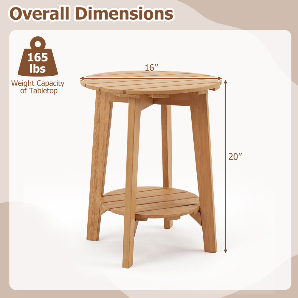 2-tier eucalyptus wood side table showcases a spacious tabletop and lower shelf, ideal for backyard or patio organization.