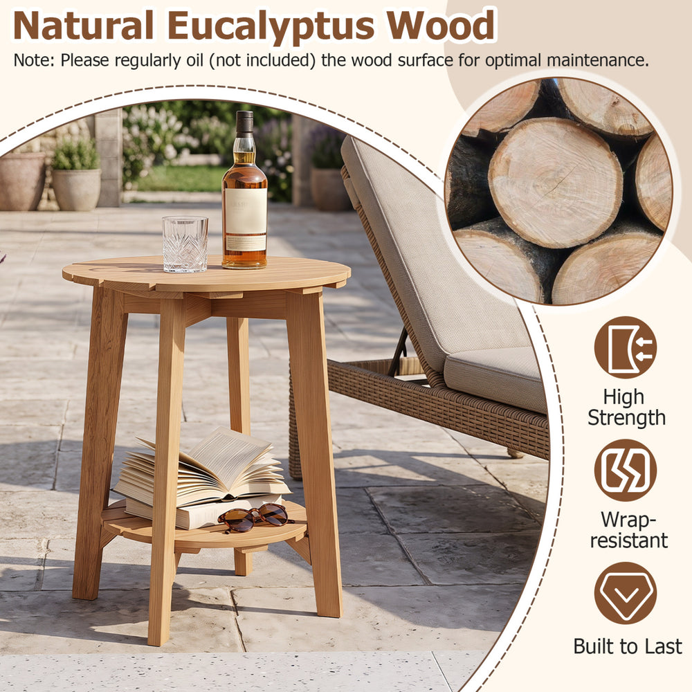 Natural eucalyptus wood side table with slatted tabletop and storage shelf, perfect for outdoor and indoor use.