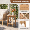 Natural eucalyptus wood side table with slatted surface and storage shelf, perfect for outdoor and indoor use.