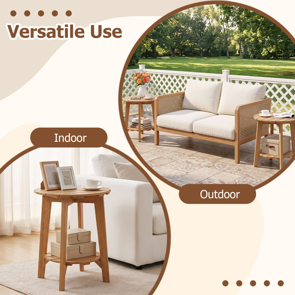 Eucalyptus wood side table features a slatted tabletop and storage shelf, perfect for indoor or outdoor use.