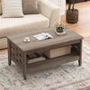 2-tier farmhouse coffee table in oak with open shelf, perfect for living room storage and decor.