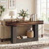 Rustic brown 2-tier console table with sturdy frame and storage shelf, perfect for narrow spaces in living rooms.