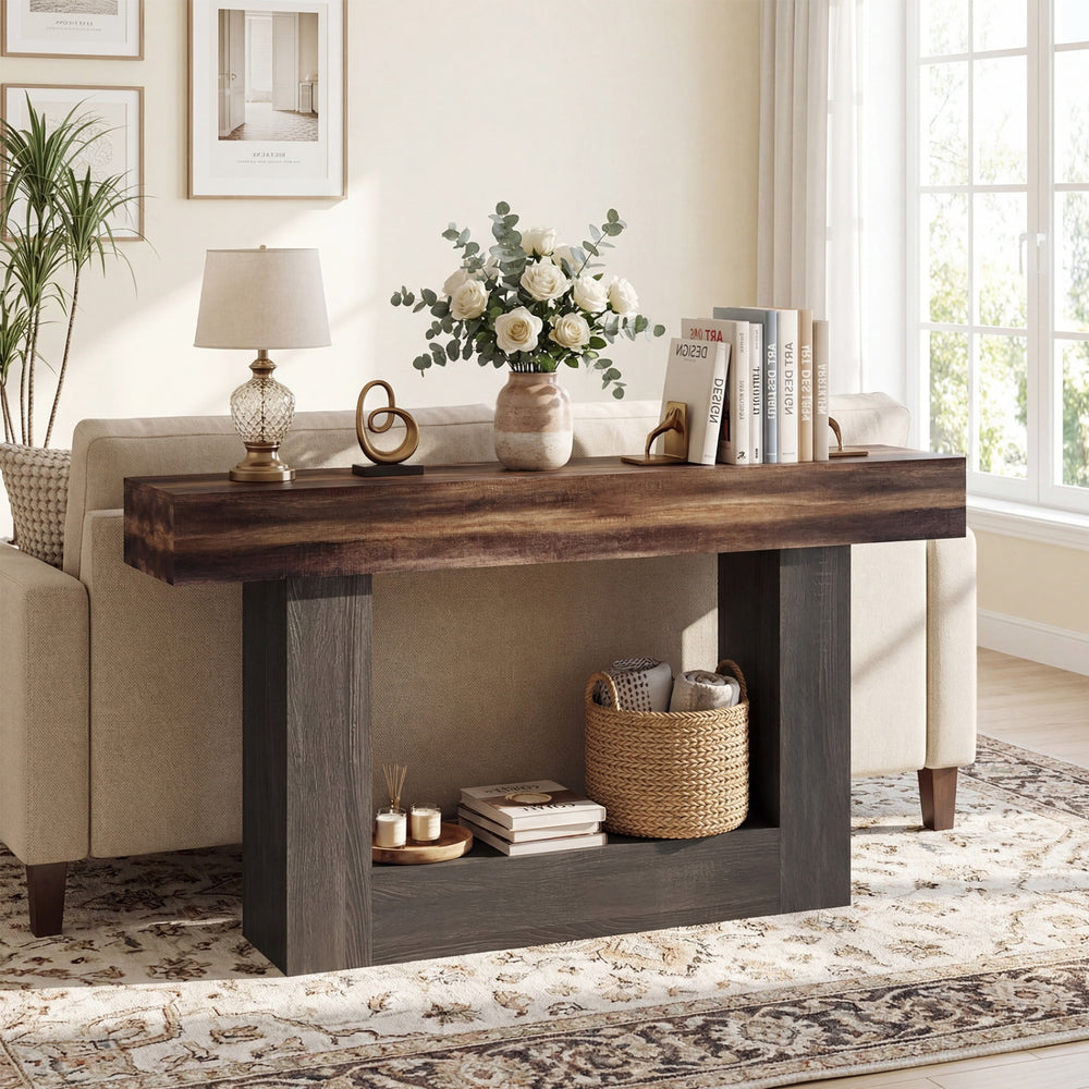 Rustic brown 2-tier console table with sturdy frame and storage shelf, perfect for narrow spaces in living rooms.
