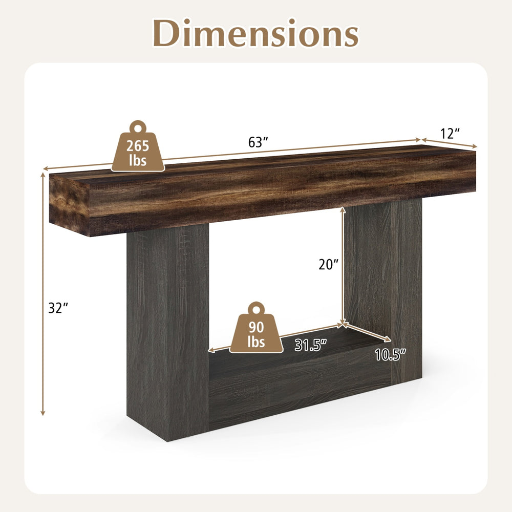 Dimensions of the 2-Tier Farmhouse Console Table in rustic brown, showcasing sturdy construction and ample storage.