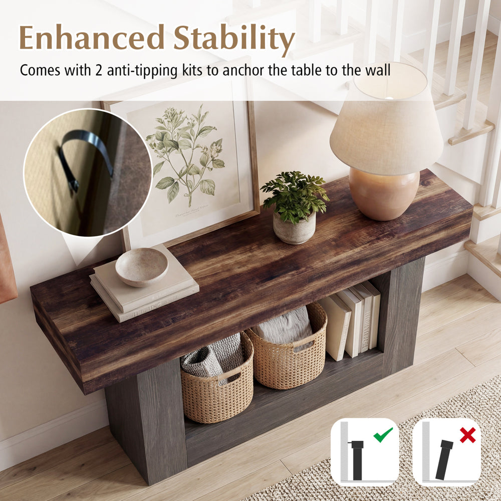 Rustic brown 2-tier farmhouse console table with storage shelf, featuring anti-tipping kits for enhanced stability.
