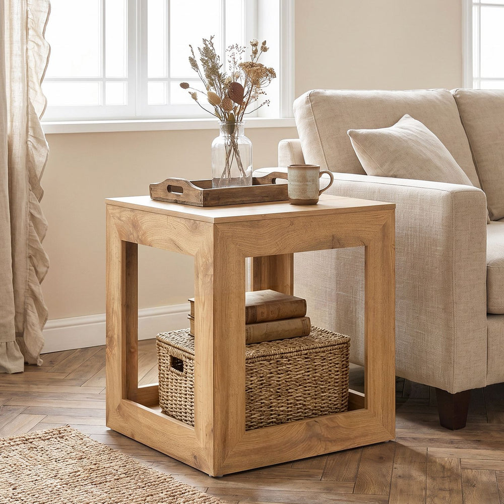Farmhouse end table with natural wood grain, featuring a 2-tier design and sturdy construction for versatile storage.