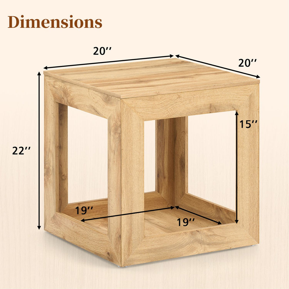 2-tier farmhouse end table with natural wood grain, measuring 20'' x 20'' x 22'', perfect for living room or bedside use.