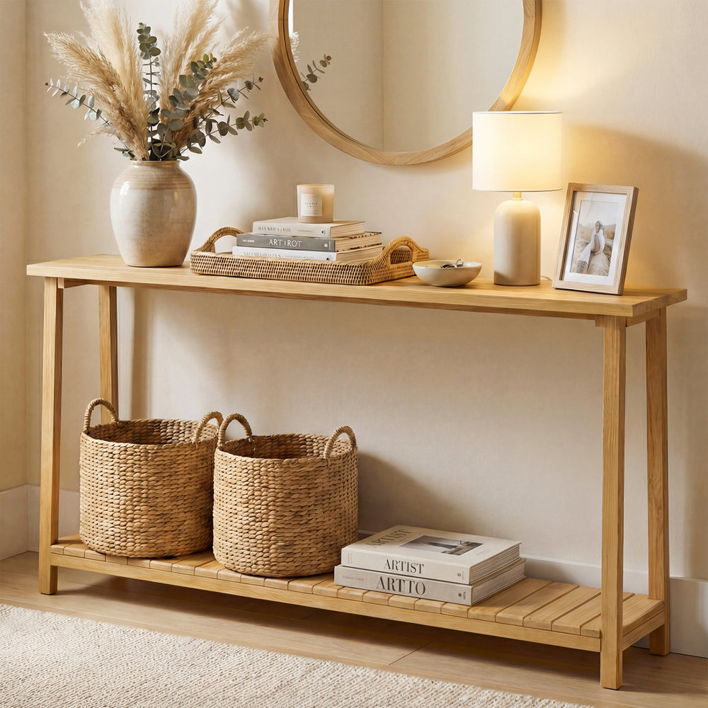 2-tier farmhouse sofa table with teak wood frame, showcasing a spacious tabletop and woven storage baskets for.